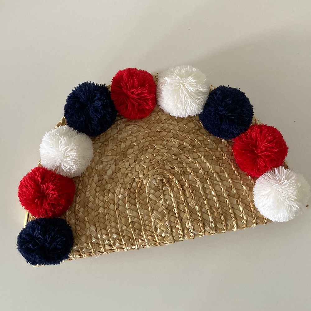 Straw Clutch w/ Red, White & Blue Pom Poms